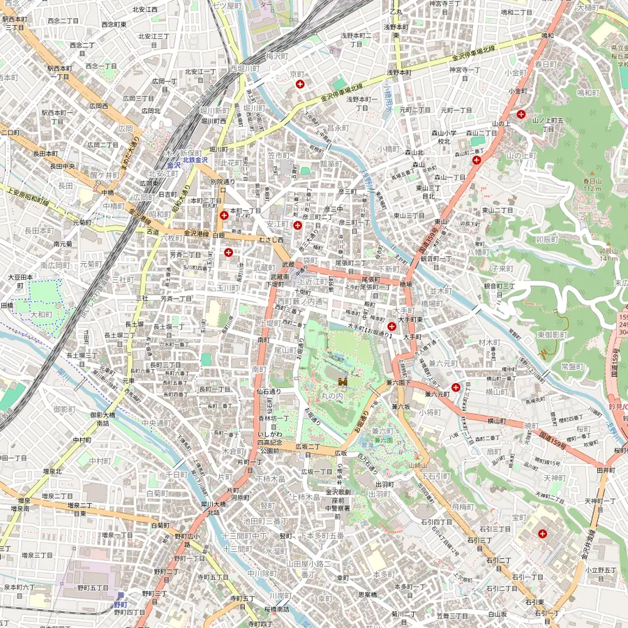 Map of central Kanazawa with Kanazawa Station, the M'ZA meeting point, Omicho Market, the Asanogawa Ohashi police box, the Kazuemachi and Higashi Chaya districts, Korinbo and Katamachi